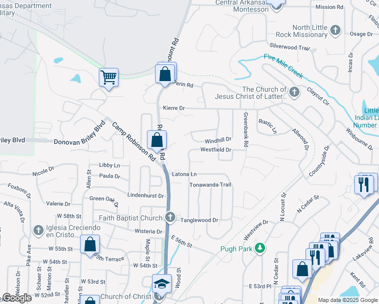 map of restaurants, bars, coffee shops, grocery stores, and more near 204 Westfield Drive in North Little Rock