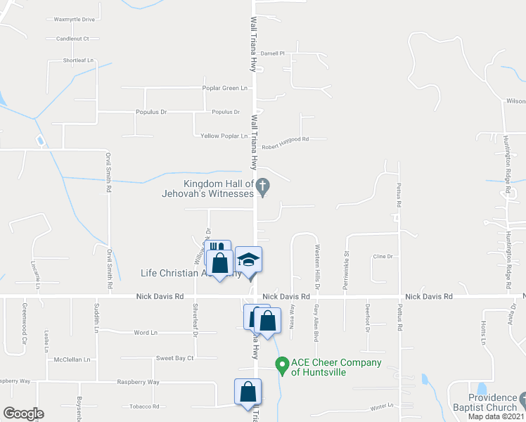 map of restaurants, bars, coffee shops, grocery stores, and more near 7741 Wall Triana Highway in Harvest