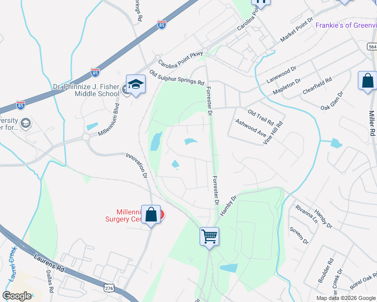 map of restaurants, bars, coffee shops, grocery stores, and more near 415 Forrester Dr in Greenville