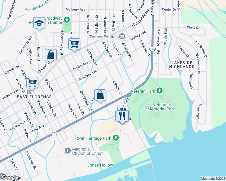 map of restaurants, bars, coffee shops, grocery stores, and more near 335 South Smith Street in Florence