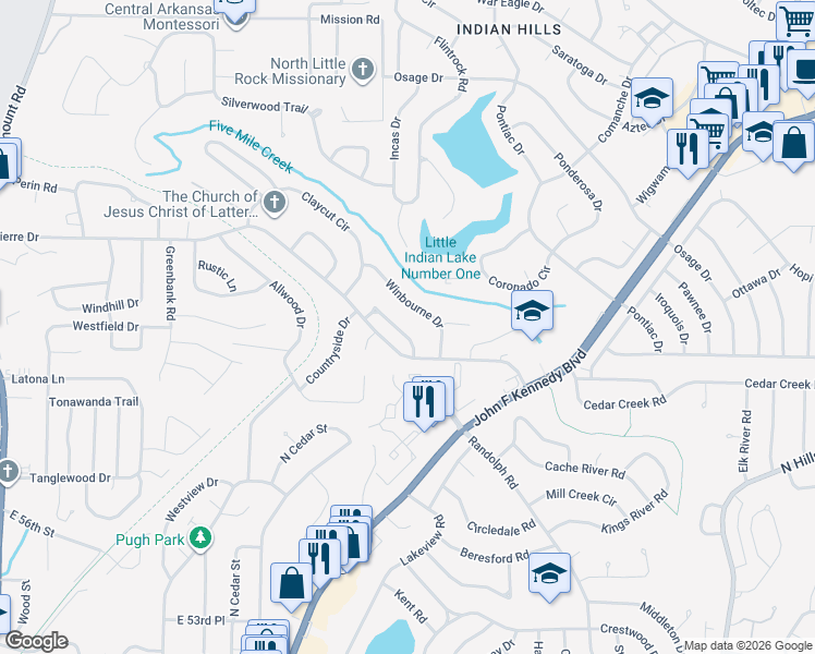 map of restaurants, bars, coffee shops, grocery stores, and more near 1408 Winbourne Drive in North Little Rock