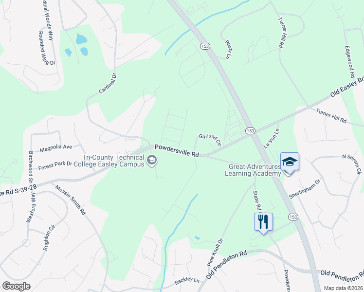 map of restaurants, bars, coffee shops, grocery stores, and more near 112 Garland Circle in Easley