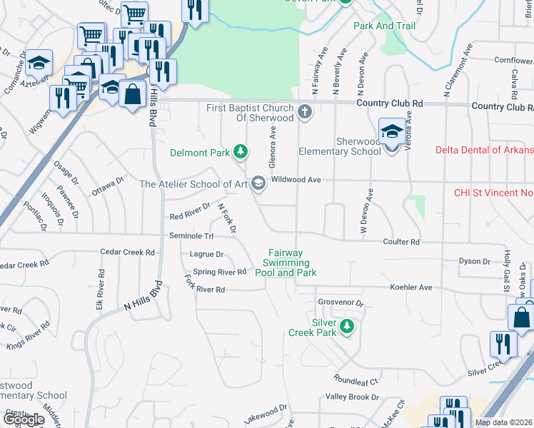 map of restaurants, bars, coffee shops, grocery stores, and more near 602 Sherwood Avenue in Sherwood