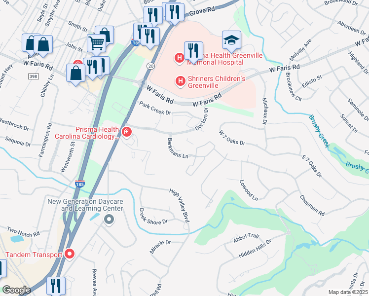 map of restaurants, bars, coffee shops, grocery stores, and more near 355 Berkmans Lane in Greenville