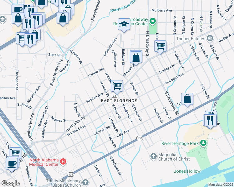 map of restaurants, bars, coffee shops, grocery stores, and more near 100 North Kirkman Street in Florence