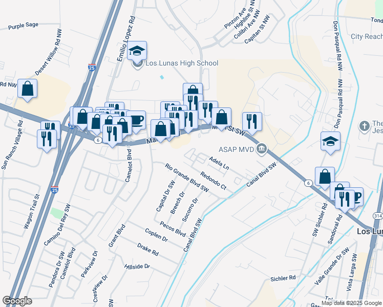 map of restaurants, bars, coffee shops, grocery stores, and more near 1433 West Main Street in Los Lunas