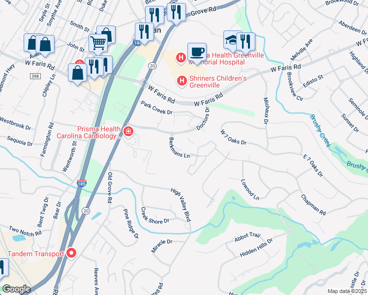 map of restaurants, bars, coffee shops, grocery stores, and more near 185-199 Doctors Drive in Greenville