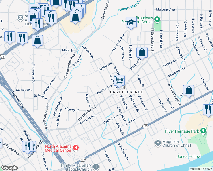 map of restaurants, bars, coffee shops, grocery stores, and more near 200-298 North Patton Street in Florence