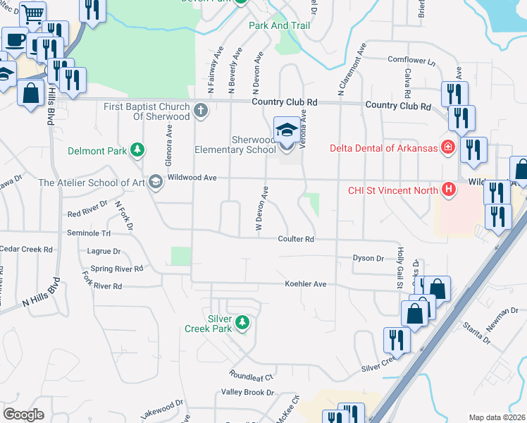 map of restaurants, bars, coffee shops, grocery stores, and more near 504 East Devon Avenue in Sherwood