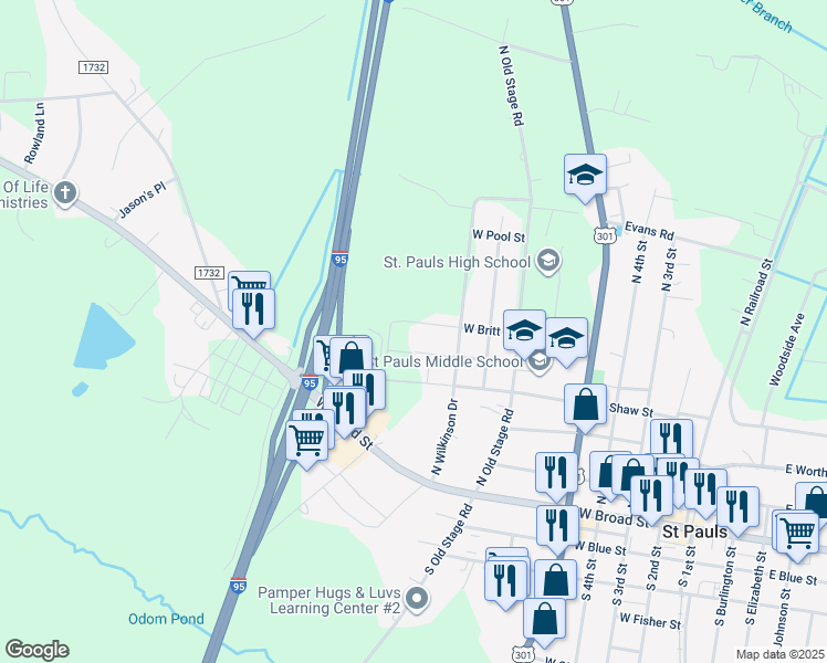 map of restaurants, bars, coffee shops, grocery stores, and more near 835 West Britt Street in Saint Pauls