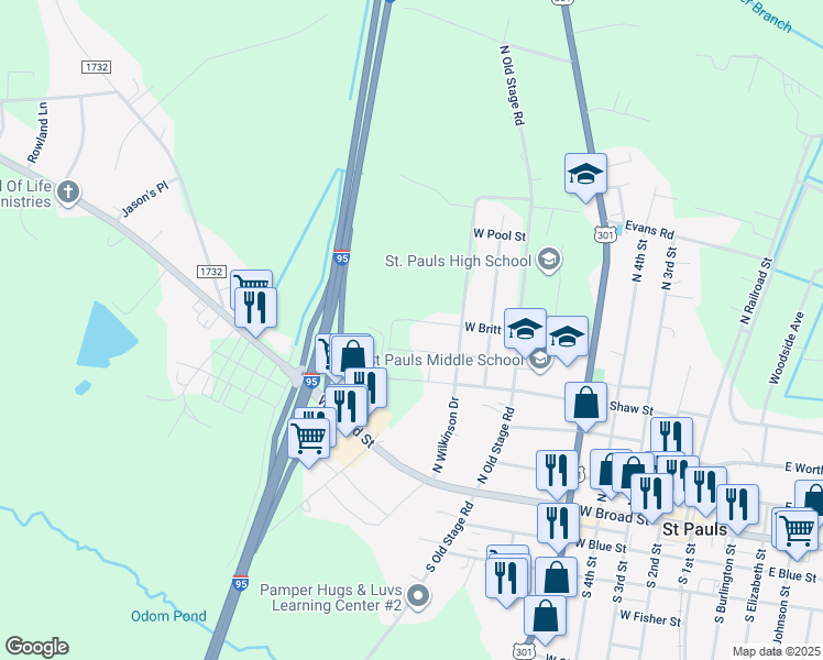 map of restaurants, bars, coffee shops, grocery stores, and more near 835 West Britt Street in Saint Pauls