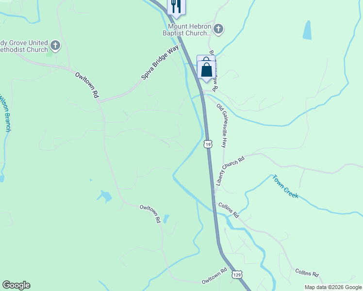 map of restaurants, bars, coffee shops, grocery stores, and more near 144 Riverside Lane in Blairsville