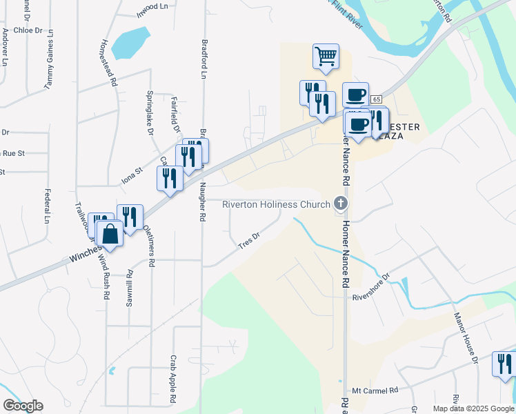 map of restaurants, bars, coffee shops, grocery stores, and more near 116 Alpha Lane in Huntsville