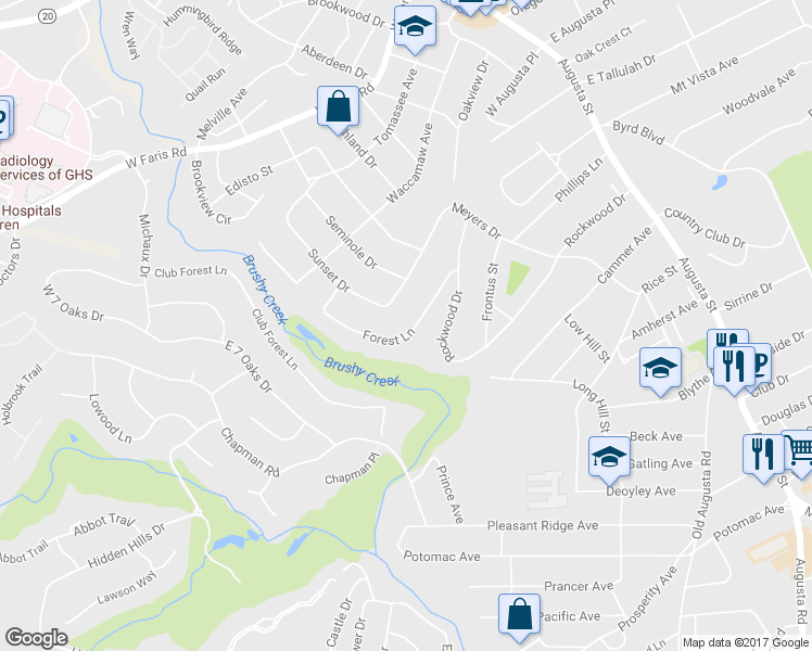 map of restaurants, bars, coffee shops, grocery stores, and more near 48 Forest Lane in Greenville