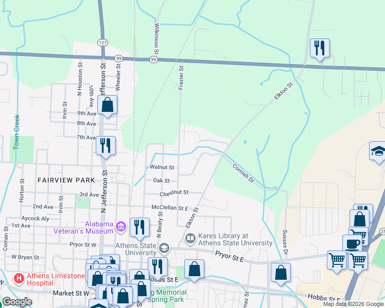 map of restaurants, bars, coffee shops, grocery stores, and more near 20226 Songbird Drive in Athens