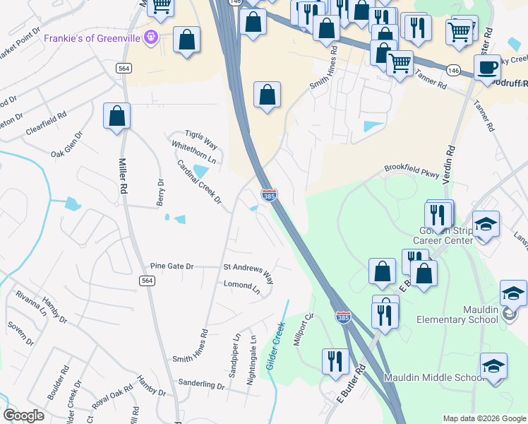 map of restaurants, bars, coffee shops, grocery stores, and more near 18 Interchange Boulevard in Greenville