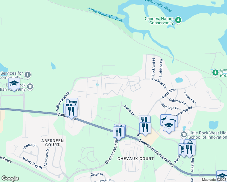 map of restaurants, bars, coffee shops, grocery stores, and more near 17 Stonebridge Circle in Little Rock