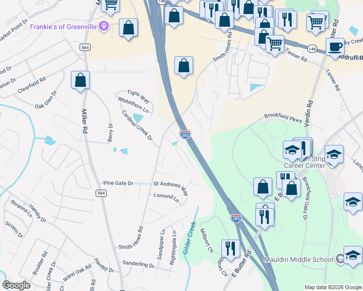 map of restaurants, bars, coffee shops, grocery stores, and more near 18 Interchange Boulevard in Greenville