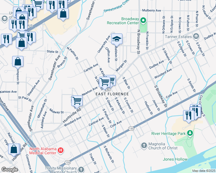 map of restaurants, bars, coffee shops, grocery stores, and more near 100-198 N Kirkman St in Florence