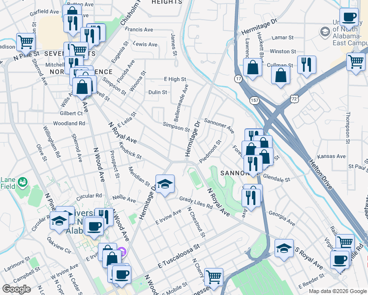 map of restaurants, bars, coffee shops, grocery stores, and more near 713 Howell Street in Florence
