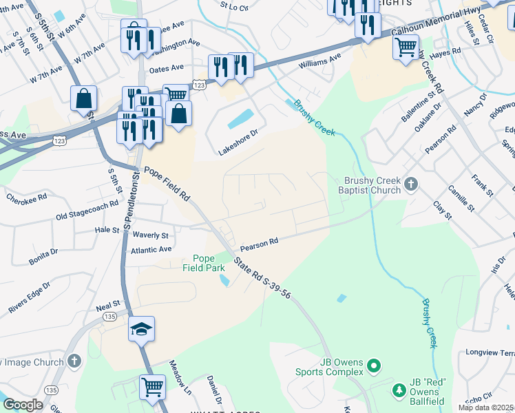 map of restaurants, bars, coffee shops, grocery stores, and more near 211 Walnut Hill Drive in Easley