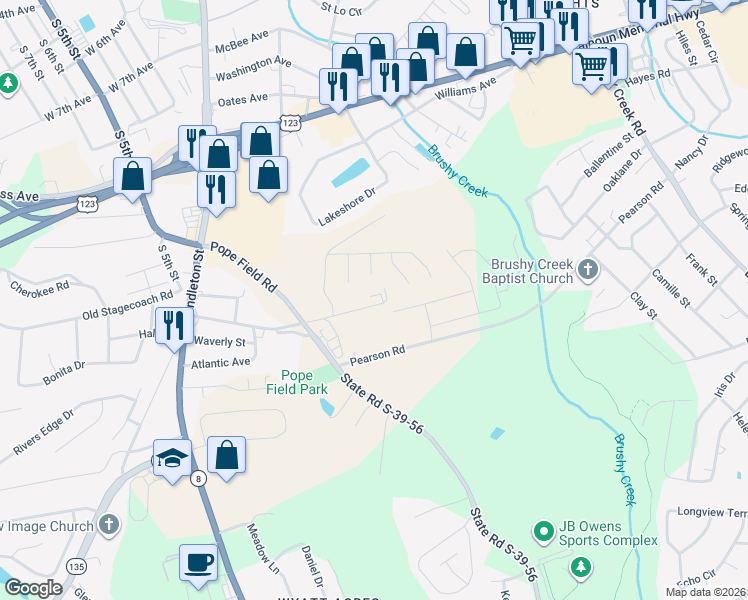 map of restaurants, bars, coffee shops, grocery stores, and more near 211 Walnut Hill Drive in Easley