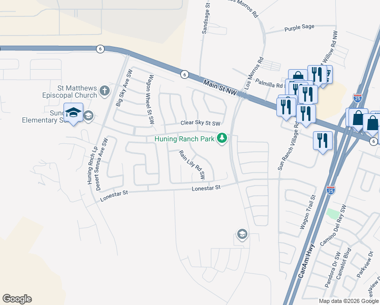 map of restaurants, bars, coffee shops, grocery stores, and more near 3040 Desert Sage Avenue Southwest in Los Lunas