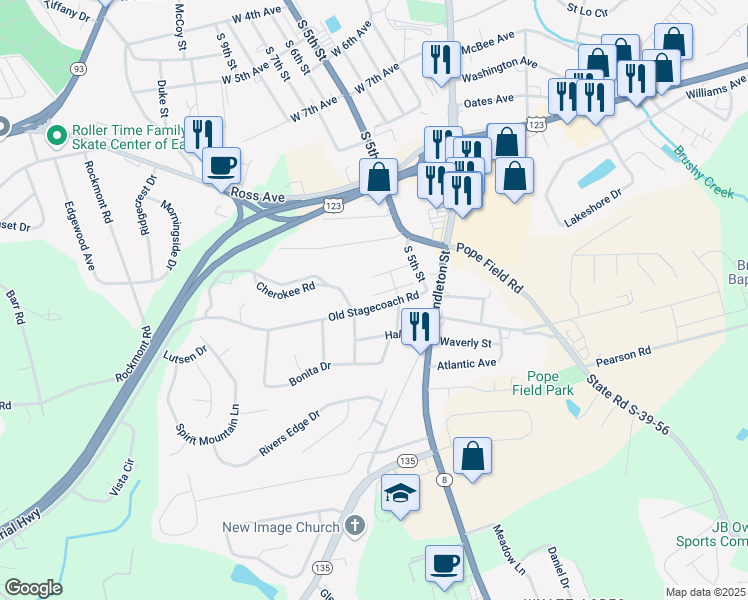 map of restaurants, bars, coffee shops, grocery stores, and more near 104 Cherokee Road in Easley