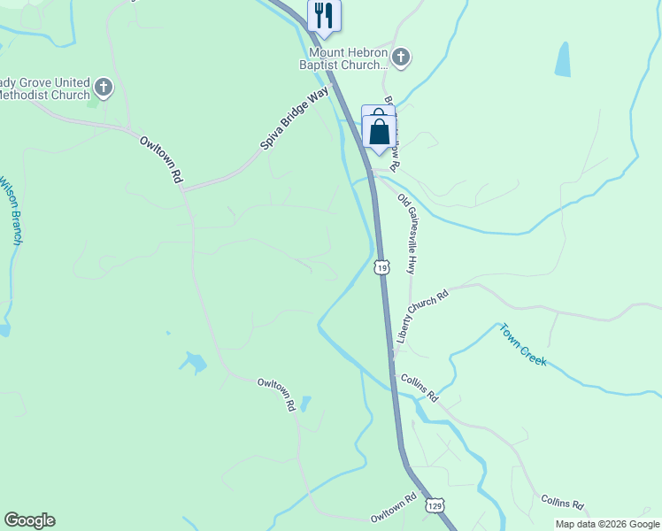 map of restaurants, bars, coffee shops, grocery stores, and more near 144 Riverside Lane in Blairsville