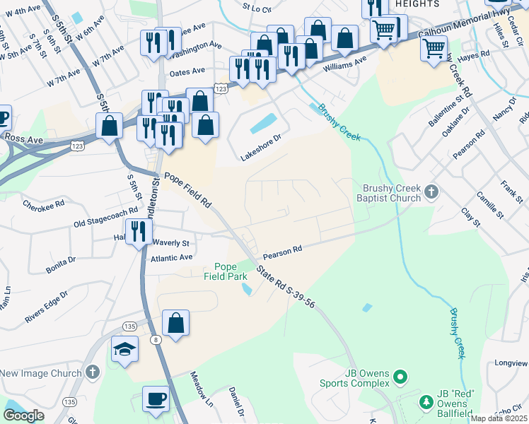 map of restaurants, bars, coffee shops, grocery stores, and more near 211 Walnut Hill Drive in Easley