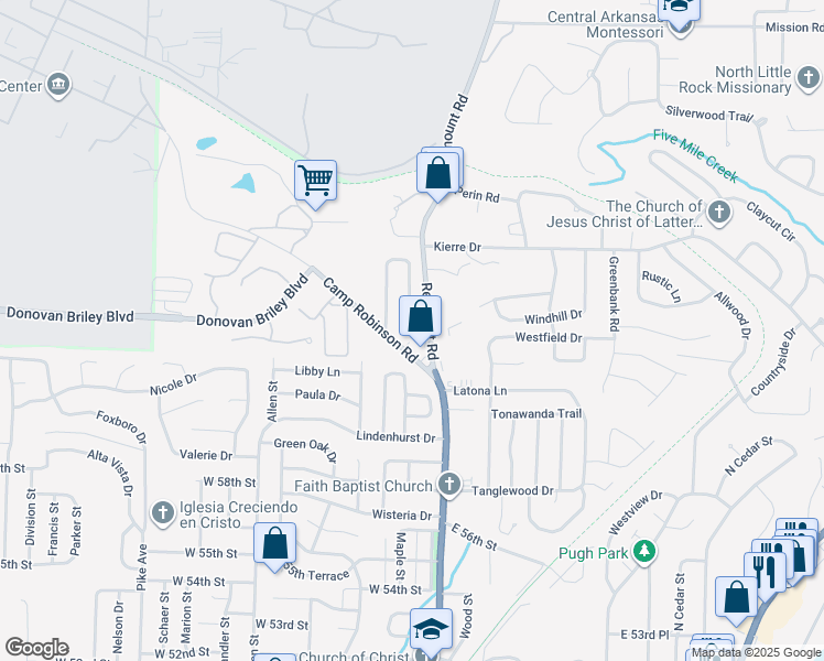 map of restaurants, bars, coffee shops, grocery stores, and more near 2 Oakview Drive in North Little Rock