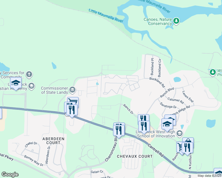 map of restaurants, bars, coffee shops, grocery stores, and more near 7 Stonebridge Circle in Little Rock