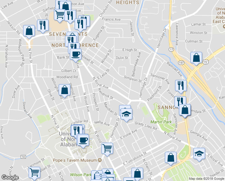map of restaurants, bars, coffee shops, grocery stores, and more near 915 North Royal Avenue in Florence