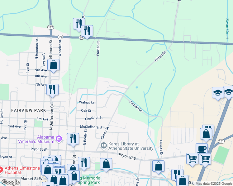 map of restaurants, bars, coffee shops, grocery stores, and more near 427 Skyview Drive in Athens