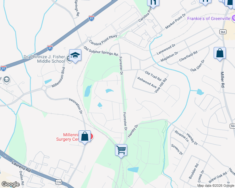 map of restaurants, bars, coffee shops, grocery stores, and more near 409 Forrester Drive in Greenville