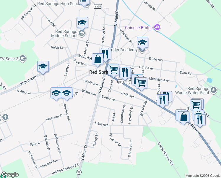map of restaurants, bars, coffee shops, grocery stores, and more near 201 East 5th Avenue in Red Springs