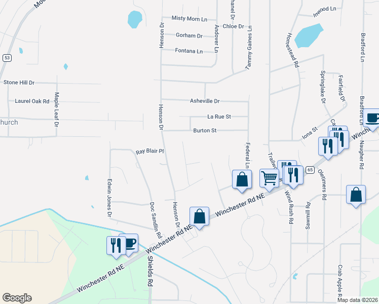 map of restaurants, bars, coffee shops, grocery stores, and more near 108 Burton Street in Huntsville