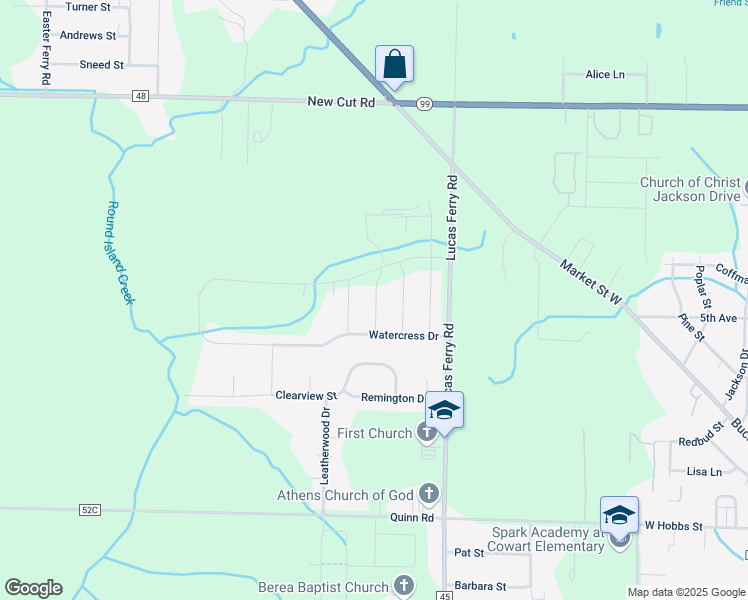 map of restaurants, bars, coffee shops, grocery stores, and more near 17530 Spring View Drive in Athens