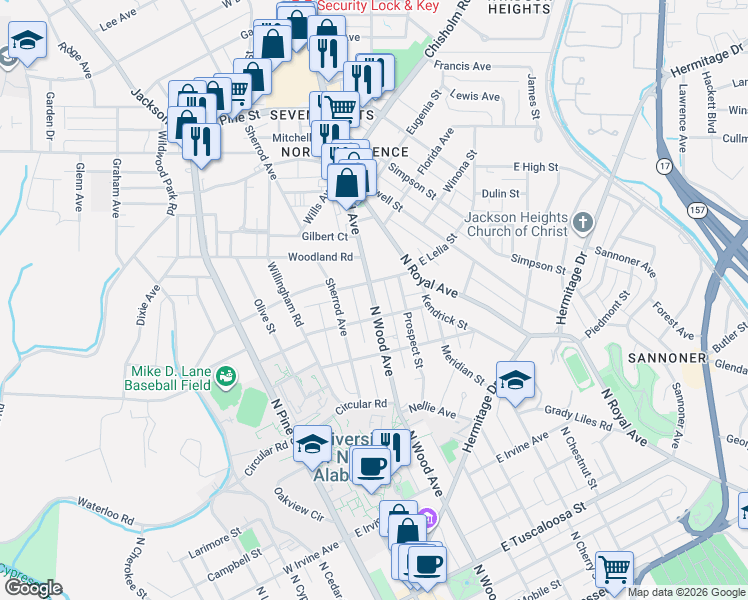 map of restaurants, bars, coffee shops, grocery stores, and more near 923 North Wood Avenue in Florence
