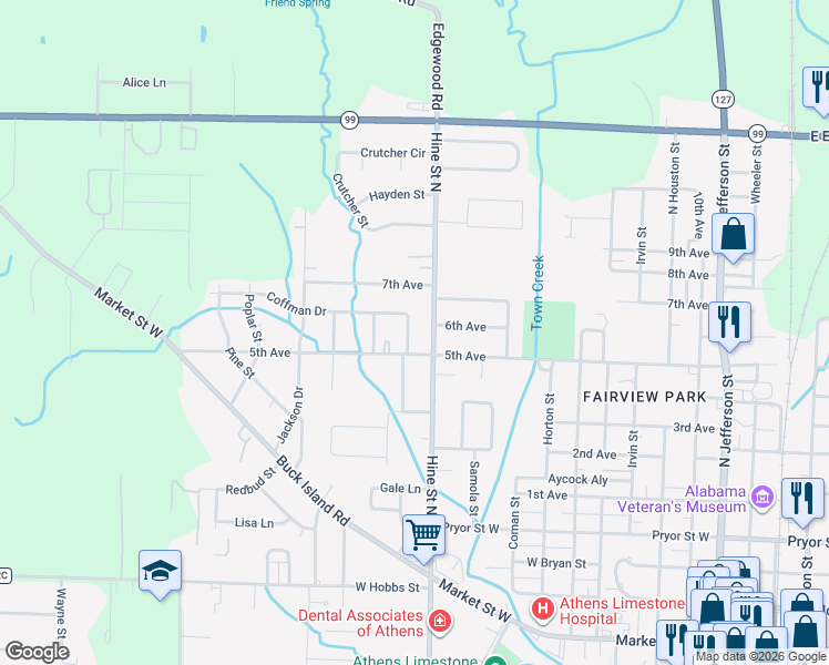 map of restaurants, bars, coffee shops, grocery stores, and more near 1003 Hine Street North in Athens