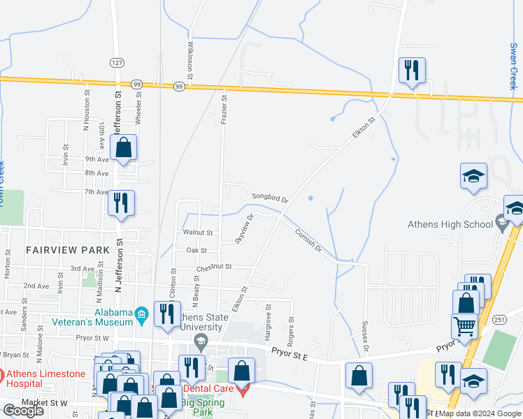 map of restaurants, bars, coffee shops, grocery stores, and more near 425 Skyview Drive in Athens