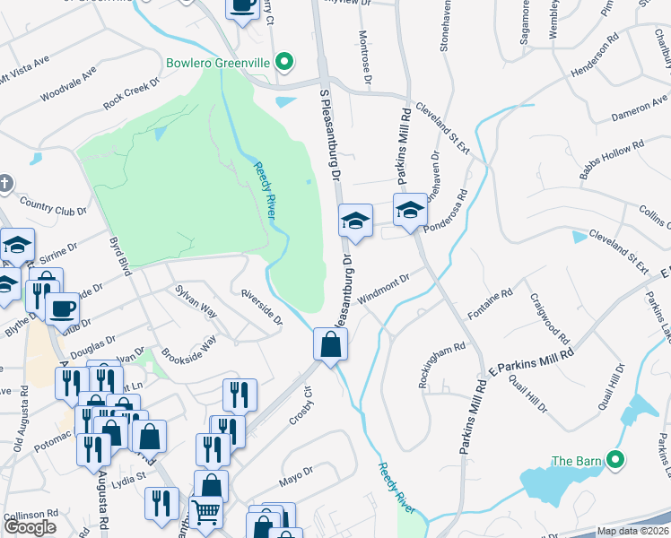map of restaurants, bars, coffee shops, grocery stores, and more near 15062 South Pleasantburg Drive in Greenville
