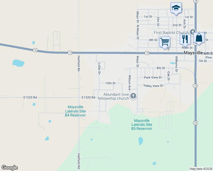 map of restaurants, bars, coffee shops, grocery stores, and more near 1313 10th Street in Maysville