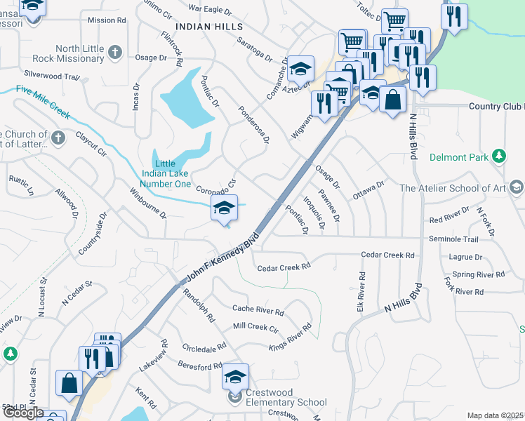map of restaurants, bars, coffee shops, grocery stores, and more near 6201 John F Kennedy Boulevard in North Little Rock
