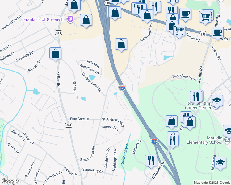 map of restaurants, bars, coffee shops, grocery stores, and more near 5 Fairchild Way in Greenville