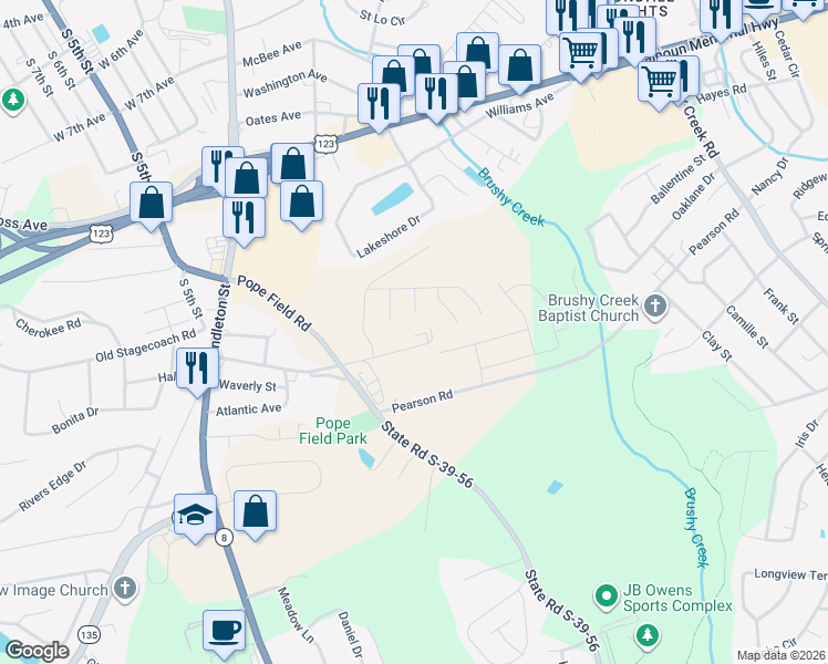 map of restaurants, bars, coffee shops, grocery stores, and more near 211 Walnut Hill Drive in Easley