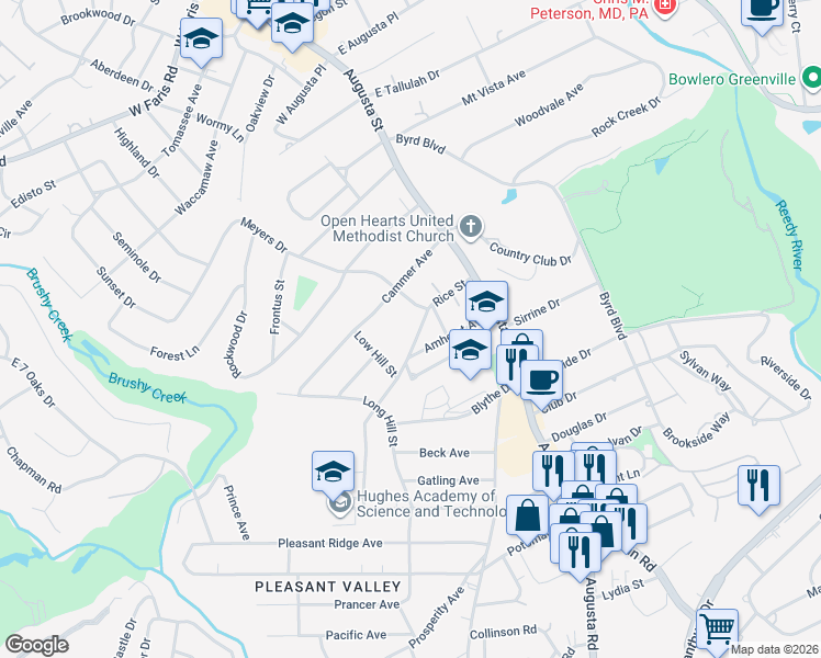 map of restaurants, bars, coffee shops, grocery stores, and more near 110 Rice Street in Greenville