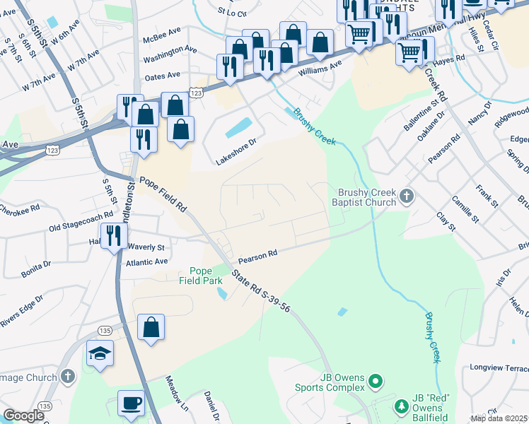 map of restaurants, bars, coffee shops, grocery stores, and more near 222 Walnut Hill Drive in Easley