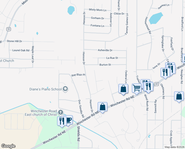 map of restaurants, bars, coffee shops, grocery stores, and more near 108 Burton Street in Huntsville