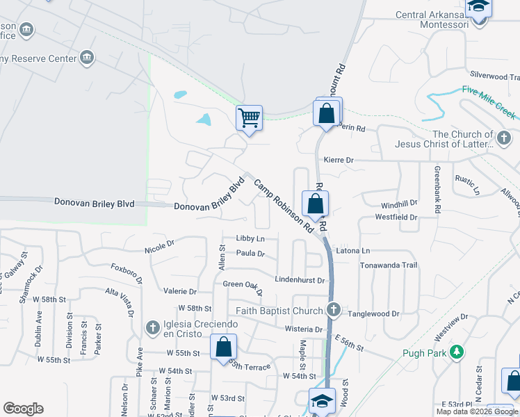 map of restaurants, bars, coffee shops, grocery stores, and more near 6301 Camp Robinson Road in North Little Rock